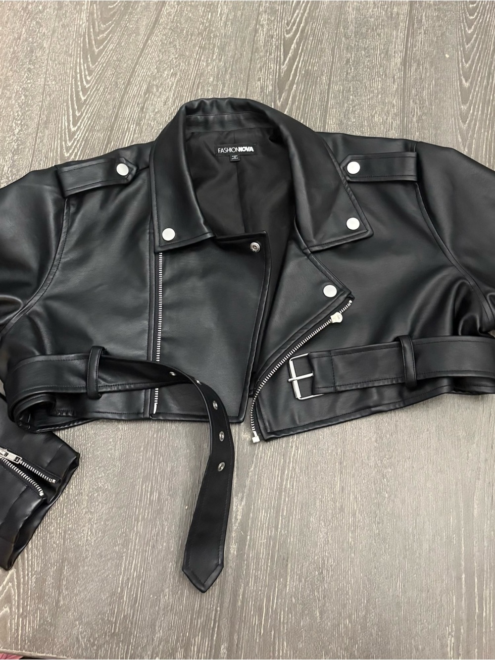 Fashion Nova Black Faux Leather Cropped Biker Jacket